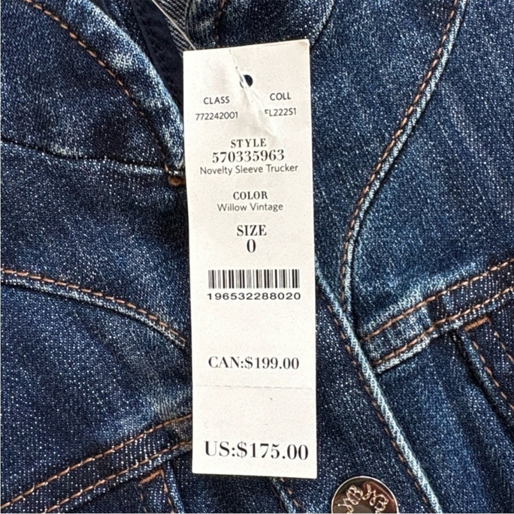 NWT White House Black Market
Novelty Sleeve Trucker Jean Jacket
Size 0 Rtl. $175 - Picture 4 of 10